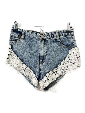 36 Point 5 Denim Jean Shorts Crocheted Lace Details Patch Pockets Acid Wash